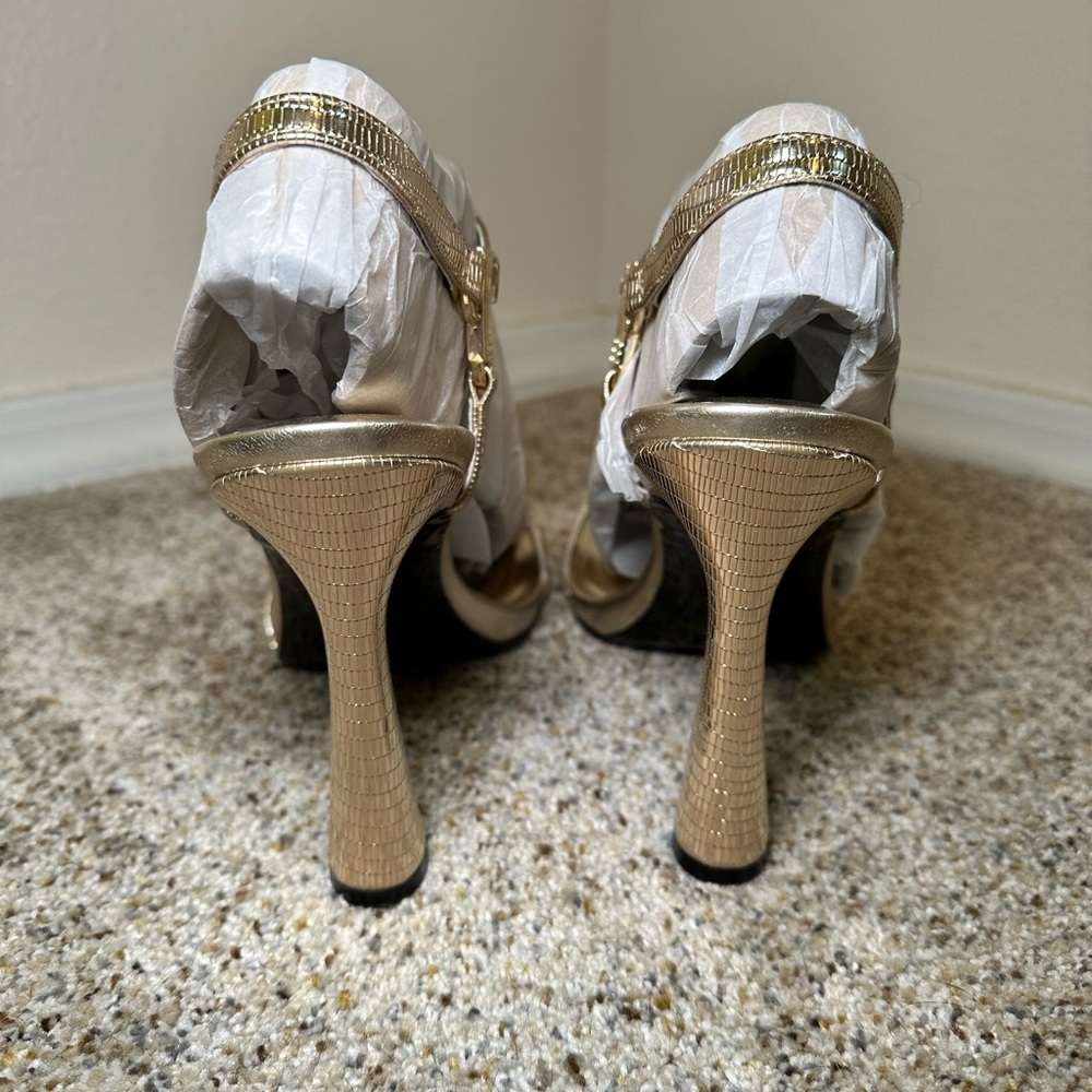 Karl Lagerfeld Cybil Evening Metallic Gold High Heel Sandals with Buckle Strap - Picture 5 of 11